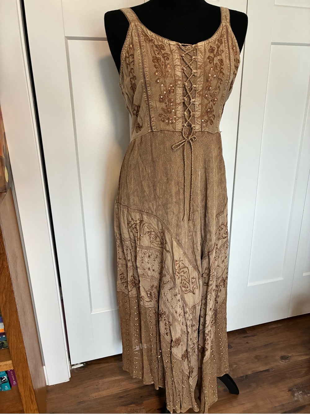 Magic M Tan Embellished Lace-Up Boho Maxi Dress Ren Faire Festival Corset - Picture 2 of 8